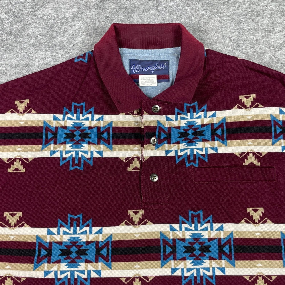 Vintage Wrangler Polo Shirt Mens M Burgundy Aztec Southwestern Tribal Pique 90s - Picture 3 of 8